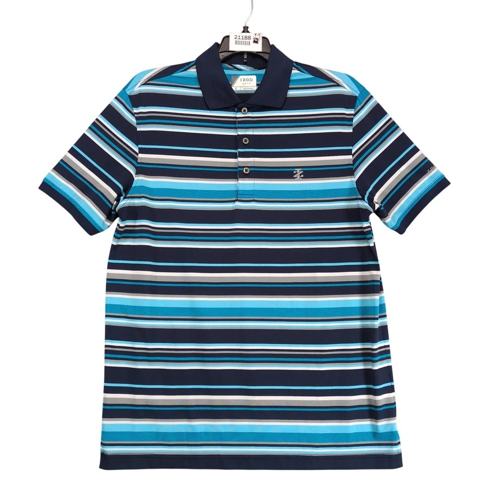 IZOD Golf‎ Striped Performance Polo Shirt Men's S Reflective Logos Lightweight